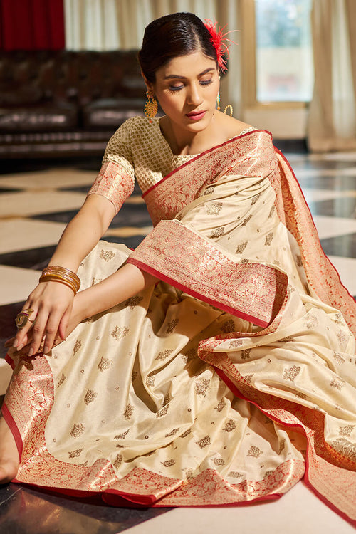 Load image into Gallery viewer, Symmetrical Beige Soft Banarasi Silk Saree With Vestigial Blouse Piece
