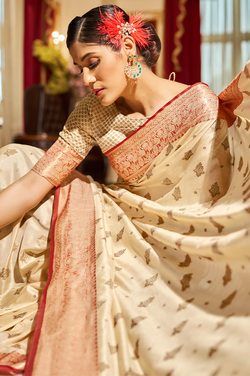 Symmetrical Beige Soft Banarasi Silk Saree With Vestigial Blouse Piece