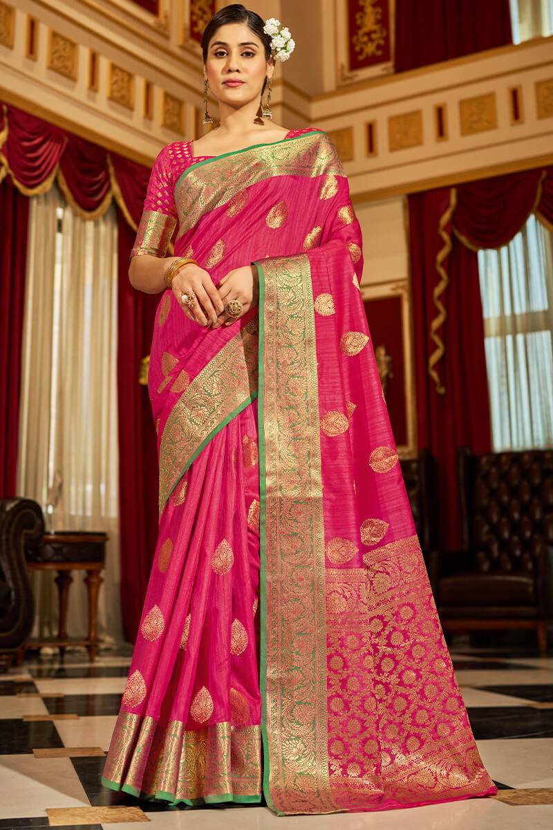 Nemesis Dark Pink Soft Banarasi Silk Saree With Epiphany Blouse Piece