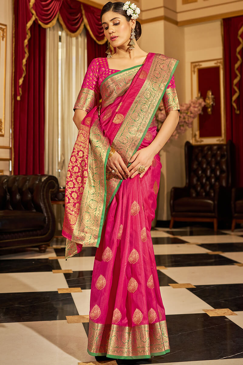 Nemesis Dark Pink Soft Banarasi Silk Saree With Epiphany Blouse Piece