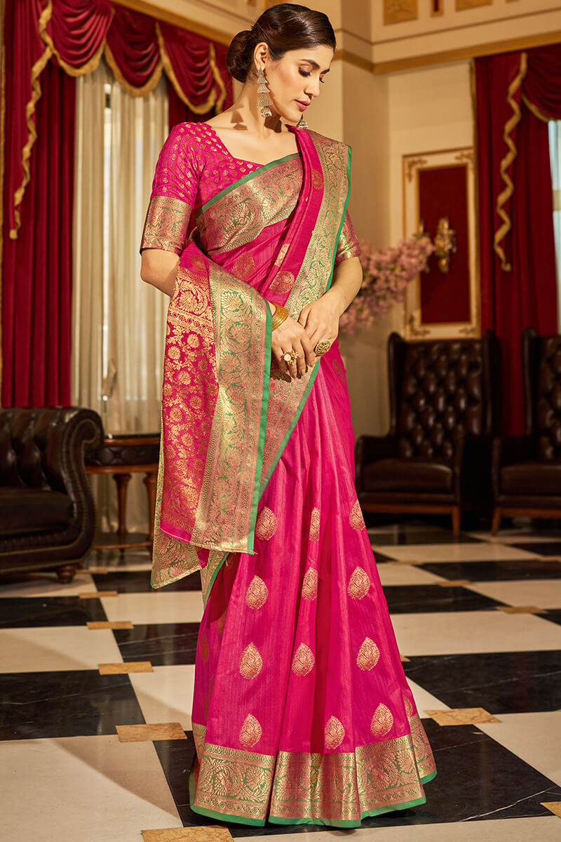 Nemesis Dark Pink Soft Banarasi Silk Saree With Epiphany Blouse Piece