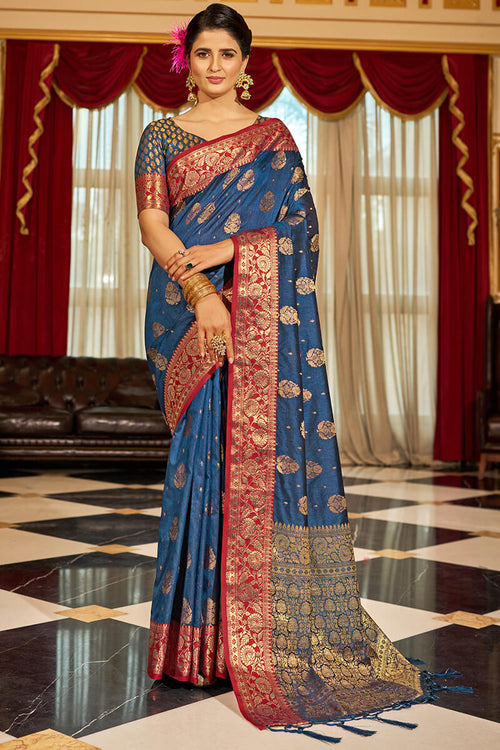 Load image into Gallery viewer, Bucolic Navy Blue Soft Banarasi Silk Saree With Twirling Blouse Piece
