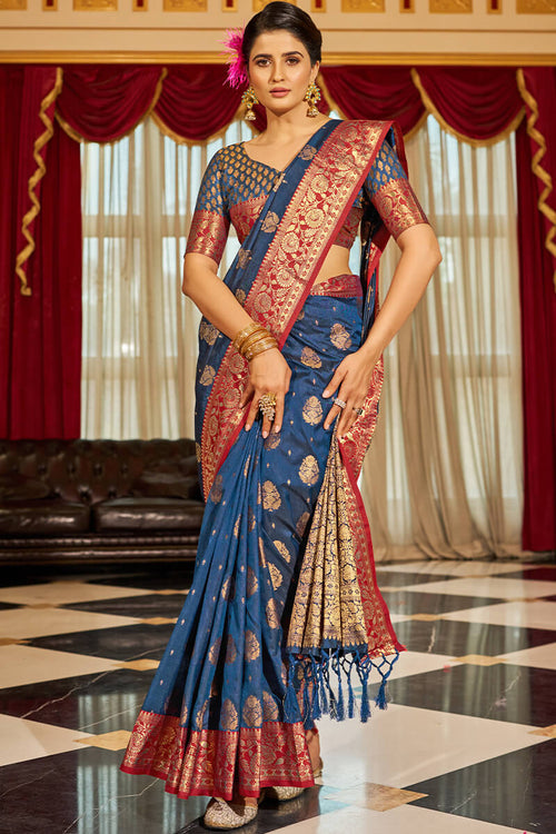 Load image into Gallery viewer, Bucolic Navy Blue Soft Banarasi Silk Saree With Twirling Blouse Piece
