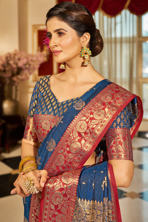 Load image into Gallery viewer, Bucolic Navy Blue Soft Banarasi Silk Saree With Twirling Blouse Piece
