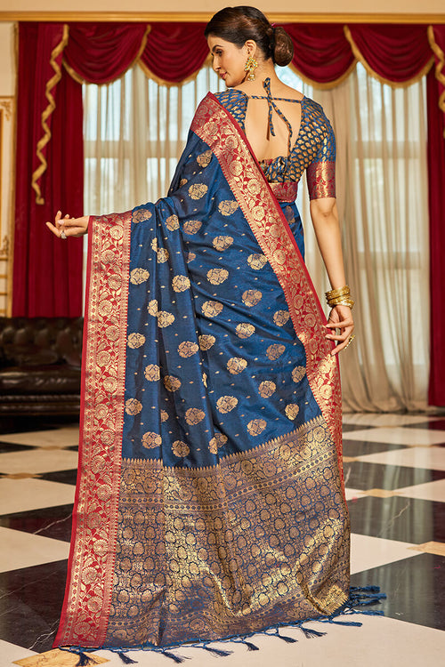 Load image into Gallery viewer, Bucolic Navy Blue Soft Banarasi Silk Saree With Twirling Blouse Piece
