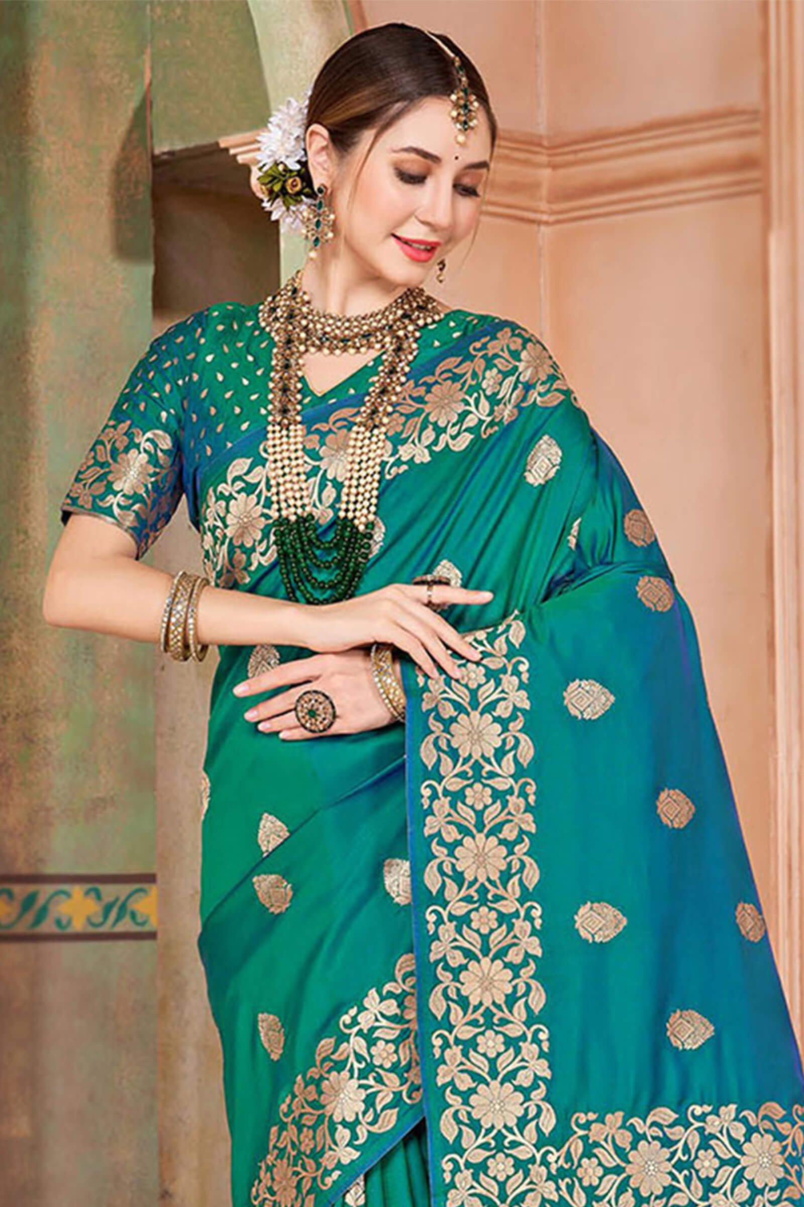 Bewitching Rama Soft Banarasi Silk Saree With Redolent Blouse Piece