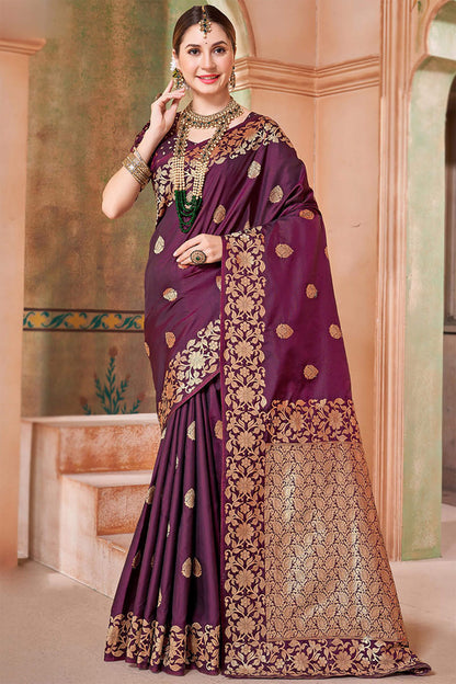 Allure Wine Soft Banarasi Silk Saree With Pleasant Blouse Piece