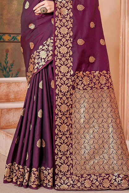 Allure Wine Soft Banarasi Silk Saree With Pleasant Blouse Piece
