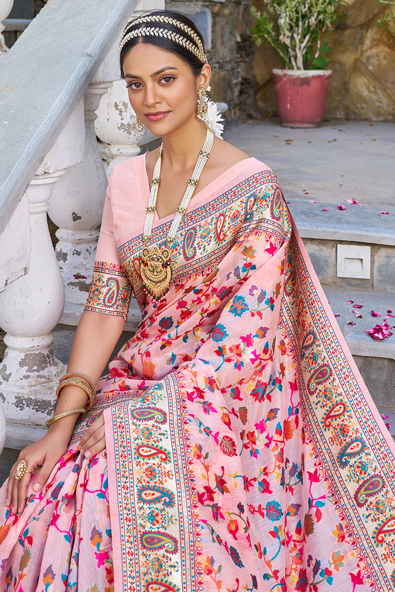 Ephemeral Baby Pink Pashmina saree With Lissome Blouse Piece