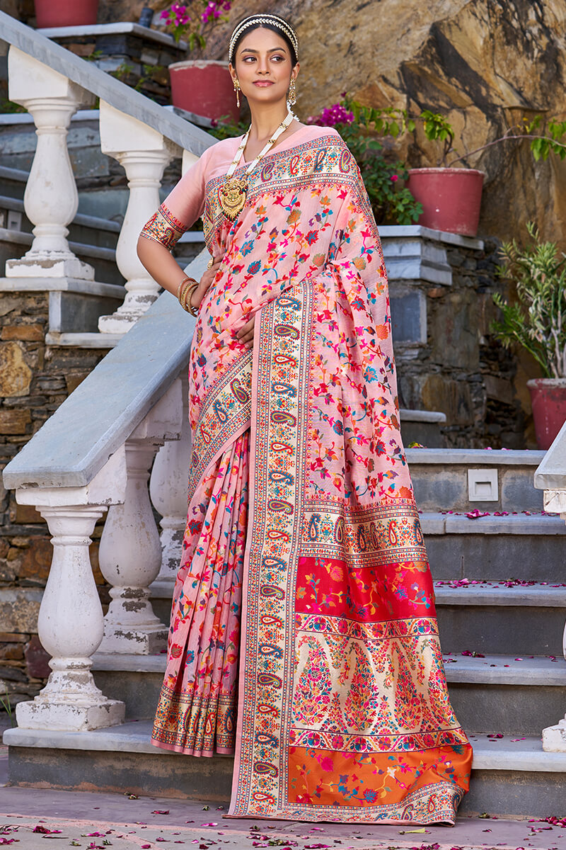 Ephemeral Baby Pink Pashmina saree With Lissome Blouse Piece