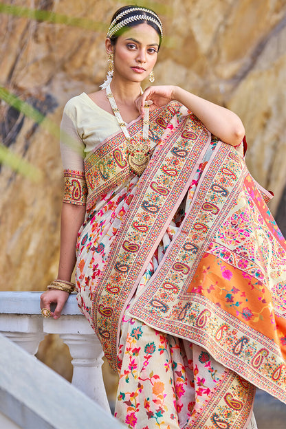 Petrichor Beige Pashmina saree With Pleasurable Blouse Piece