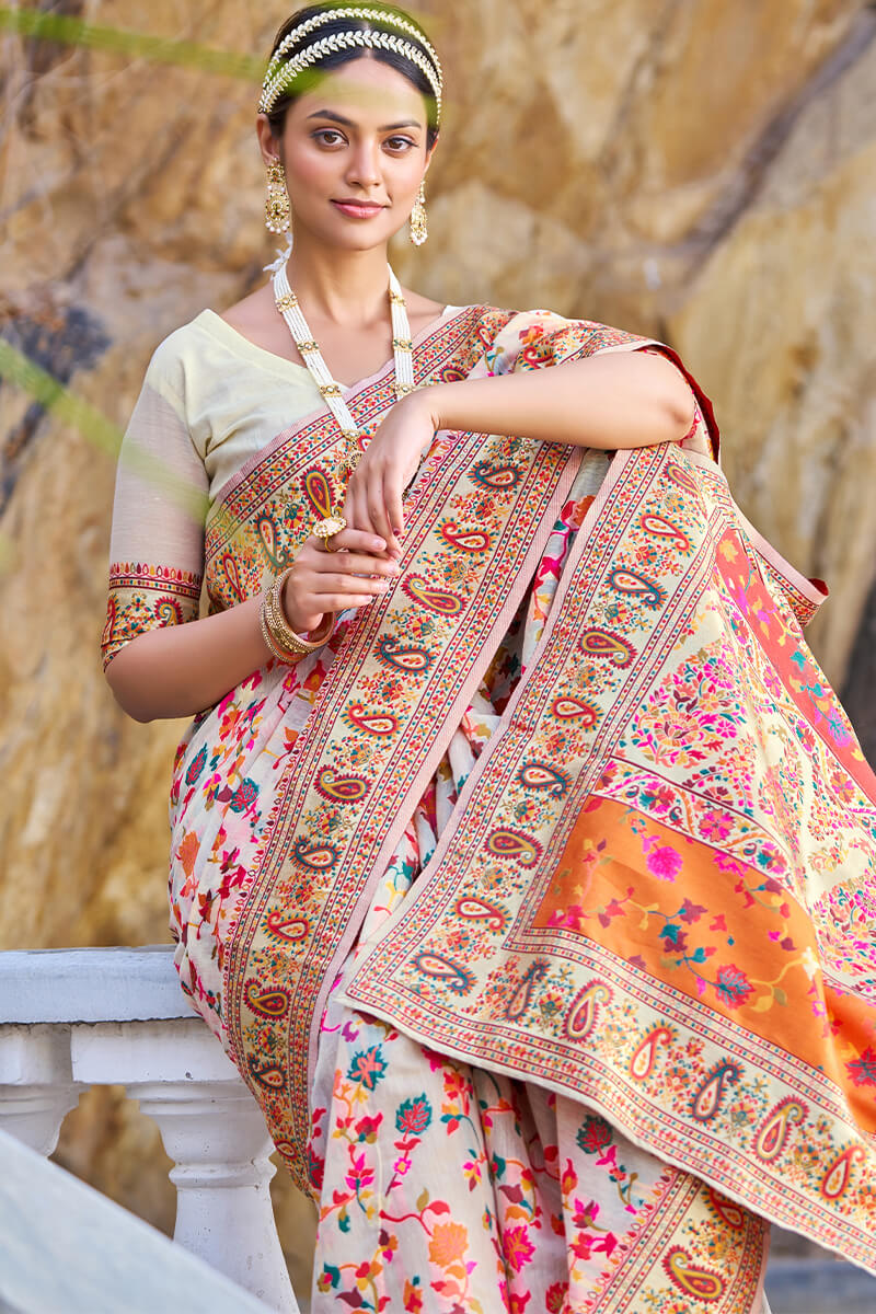 Petrichor Beige Pashmina saree With Pleasurable Blouse Piece