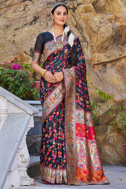 Load image into Gallery viewer, Groovy Black Pashmina saree With Scrumptious Blouse Piece
