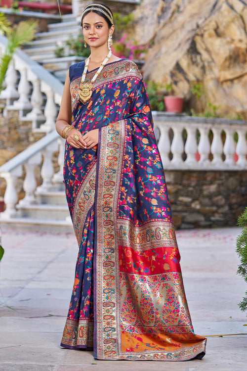 Load image into Gallery viewer, Confounding Navy Blue Pashmina saree With Snazzy Blouse Piece
