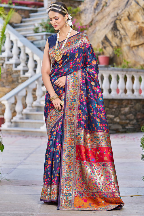 Load image into Gallery viewer, Confounding Navy Blue Pashmina saree With Snazzy Blouse Piece
