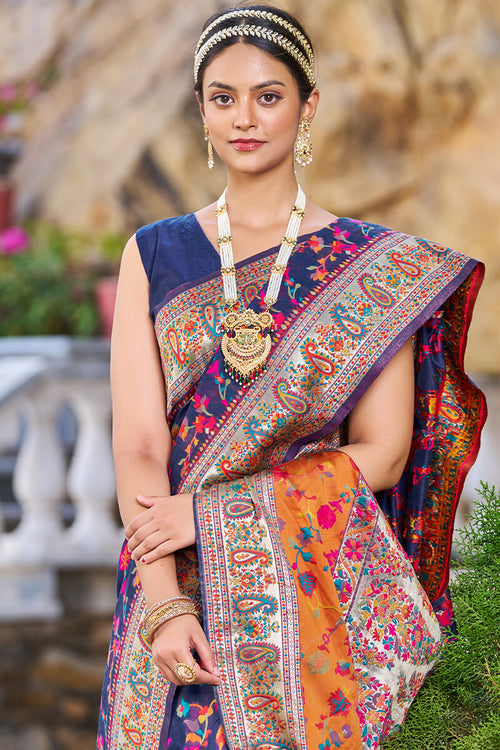 Load image into Gallery viewer, Confounding Navy Blue Pashmina saree With Snazzy Blouse Piece
