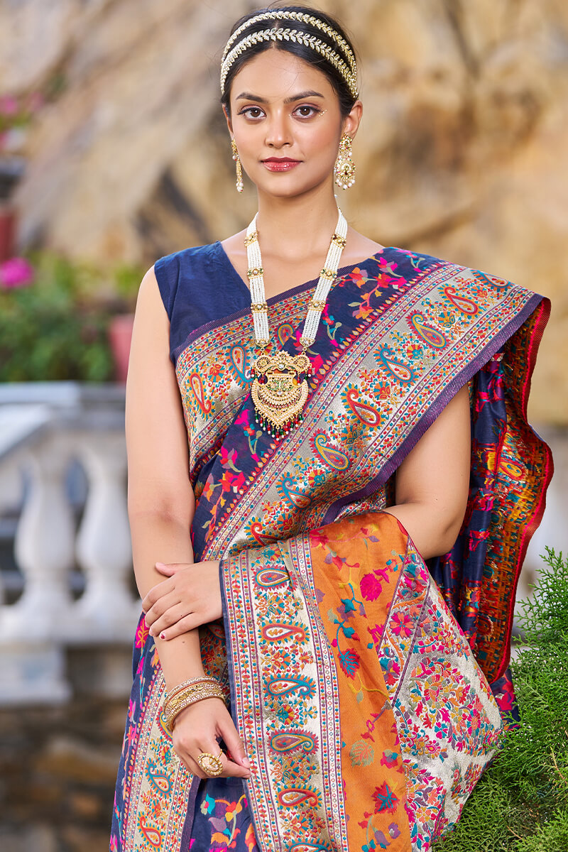 Confounding Navy Blue Pashmina saree With Snazzy Blouse Piece