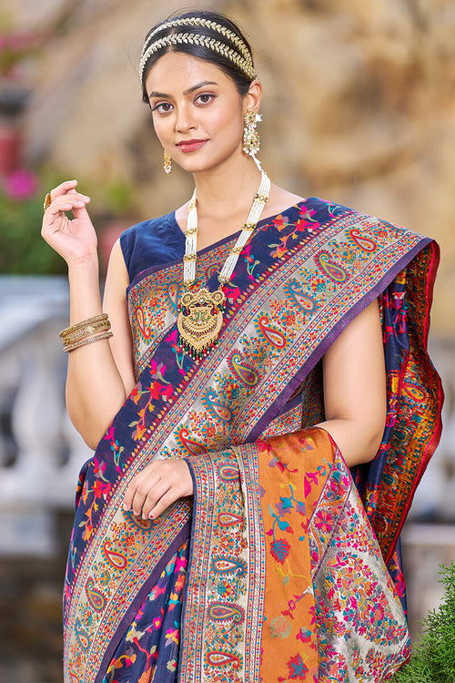 Load image into Gallery viewer, Confounding Navy Blue Pashmina saree With Snazzy Blouse Piece
