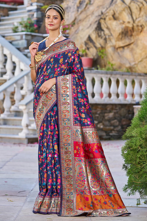 Load image into Gallery viewer, Confounding Navy Blue Pashmina saree With Snazzy Blouse Piece
