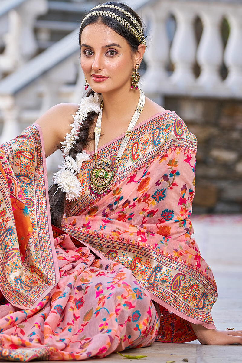 Sumptuous Pink Pashmina saree With Palimpsest Blouse Piece