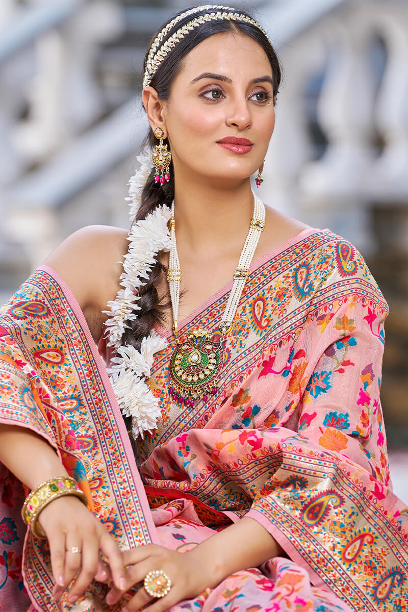 Sumptuous Pink Pashmina saree With Palimpsest Blouse Piece