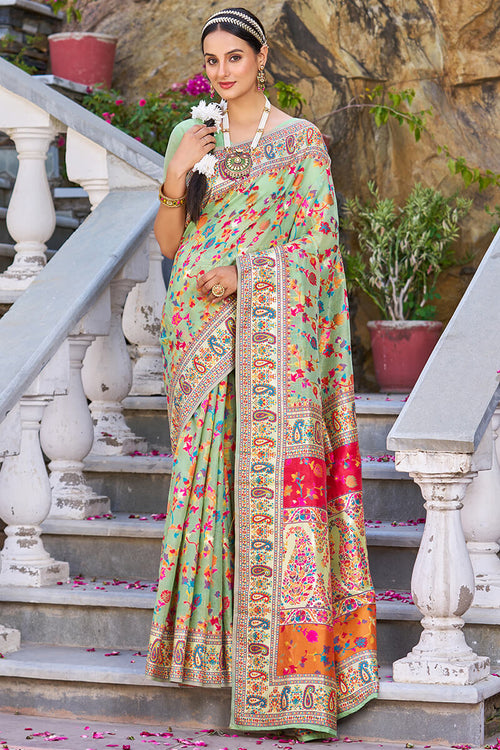 Load image into Gallery viewer, Fugacious Pista Pashmina saree With Efflorescence Blouse Piece
