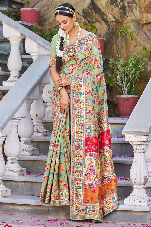 Load image into Gallery viewer, Fugacious Pista Pashmina saree With Efflorescence Blouse Piece
