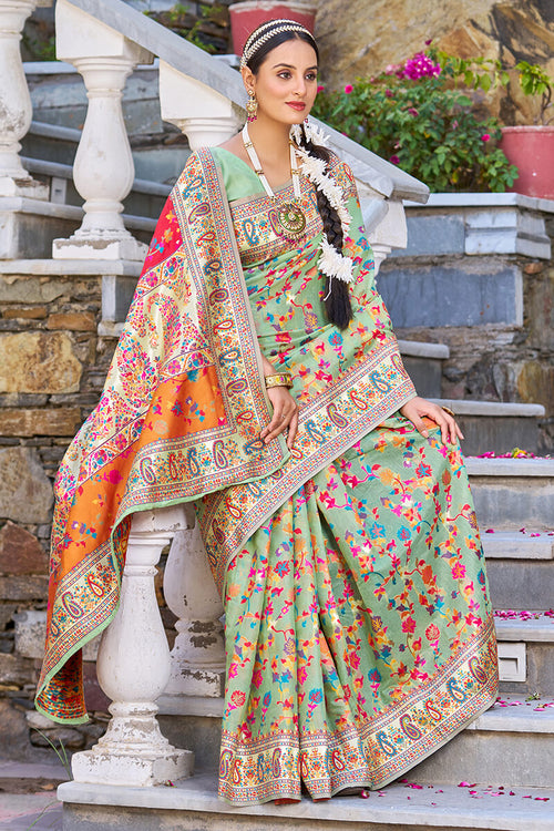 Load image into Gallery viewer, Fugacious Pista Pashmina saree With Efflorescence Blouse Piece
