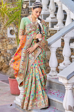 Fugacious Pista Pashmina saree With Efflorescence Blouse Piece