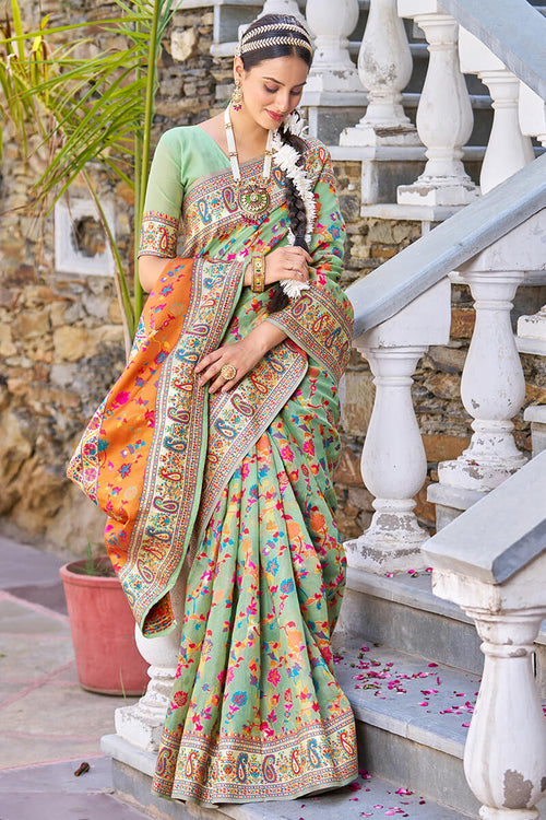 Load image into Gallery viewer, Fugacious Pista Pashmina saree With Efflorescence Blouse Piece
