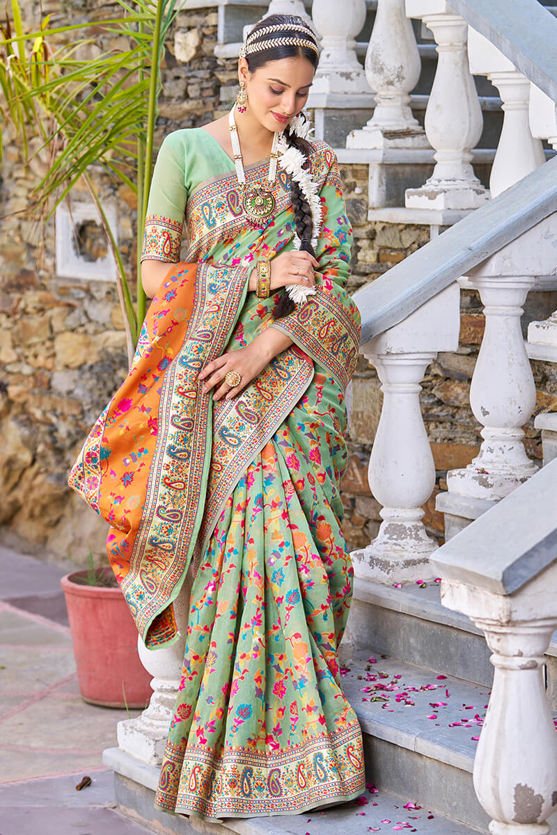 Fugacious Pista Pashmina saree With Efflorescence Blouse Piece