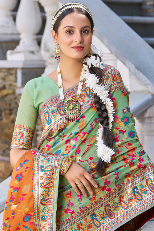 Load image into Gallery viewer, Fugacious Pista Pashmina saree With Efflorescence Blouse Piece
