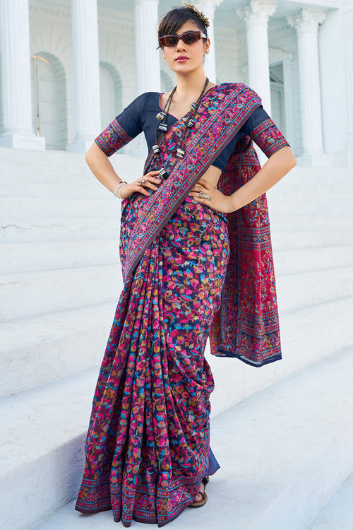 Load image into Gallery viewer, Elegant Navy Blue Pashmina saree With Intricate Blouse Piece
