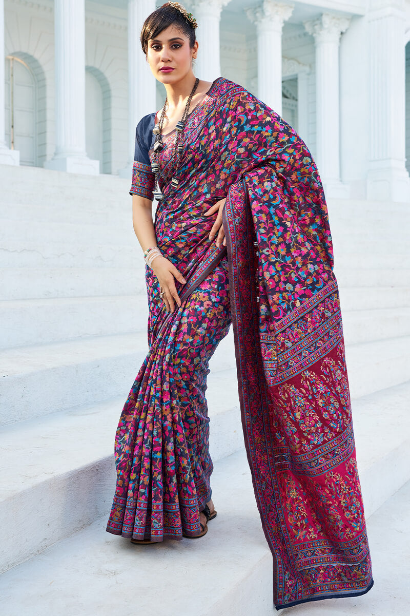 Elegant Navy Blue Pashmina saree With Intricate Blouse Piece