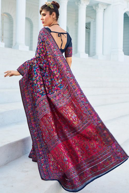 Load image into Gallery viewer, Elegant Navy Blue Pashmina saree With Intricate Blouse Piece
