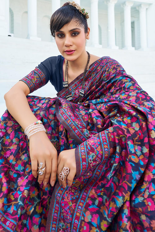 Load image into Gallery viewer, Elegant Navy Blue Pashmina saree With Intricate Blouse Piece
