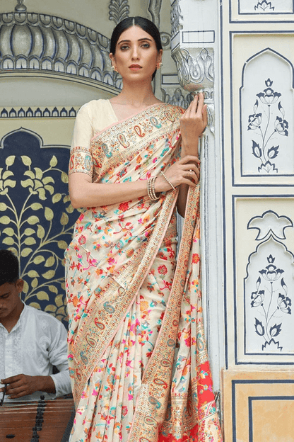 Surreptitious Beige Pashmina saree With Panoply Blouse Piece