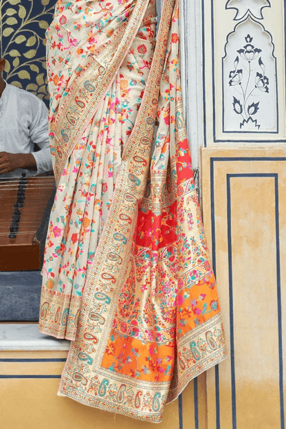 Surreptitious Beige Pashmina saree With Panoply Blouse Piece