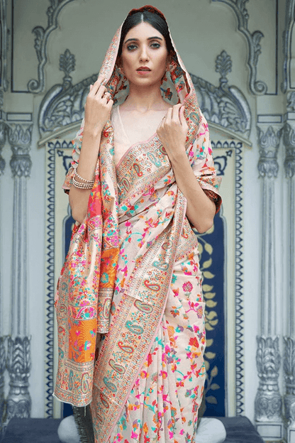 Surreptitious Beige Pashmina saree With Panoply Blouse Piece