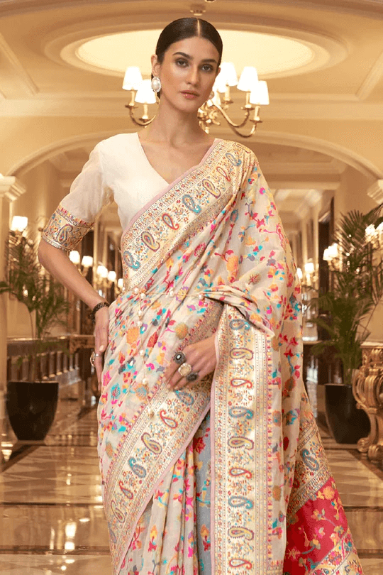 Surreptitious Beige Pashmina saree With Panoply Blouse Piece