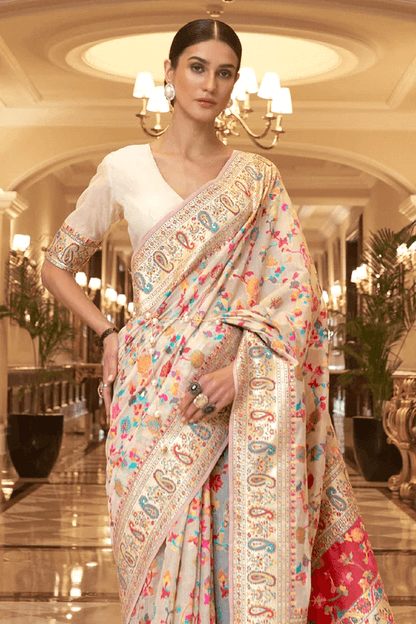 Surreptitious Beige Pashmina saree With Panoply Blouse Piece
