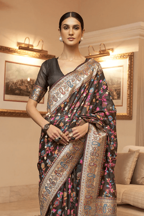 Load image into Gallery viewer, Luxuriant Black Pashmina saree With Artistic Blouse Piece
