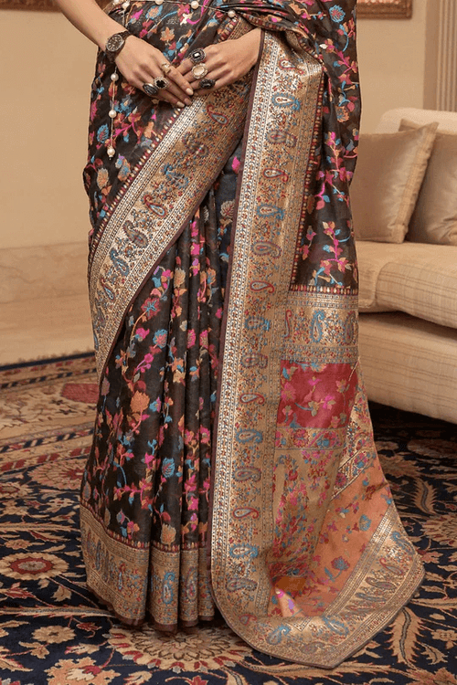 Load image into Gallery viewer, Luxuriant Black Pashmina saree With Artistic Blouse Piece
