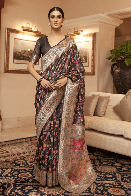 Load image into Gallery viewer, Luxuriant Black Pashmina saree With Artistic Blouse Piece
