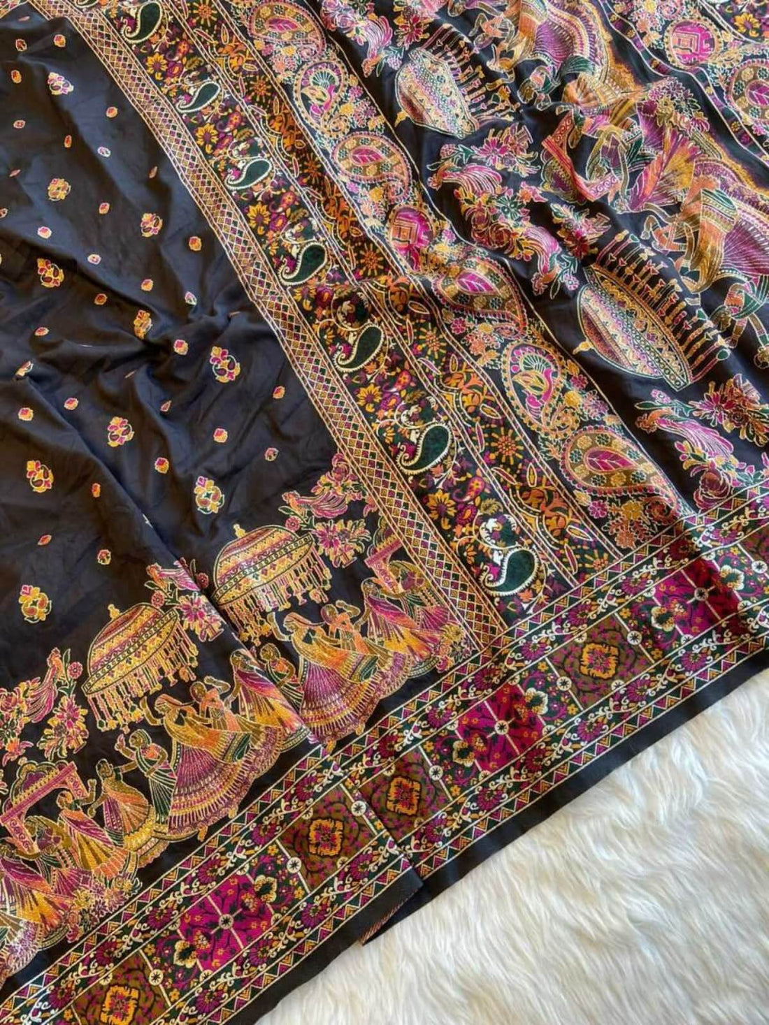 Inimitable Black Nylon Dola Pashmina Saree With Phenomenal Blouse Piece