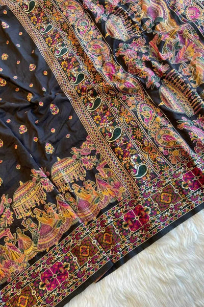 Inimitable Black Nylon Dola Pashmina Saree With Phenomenal Blouse Piece