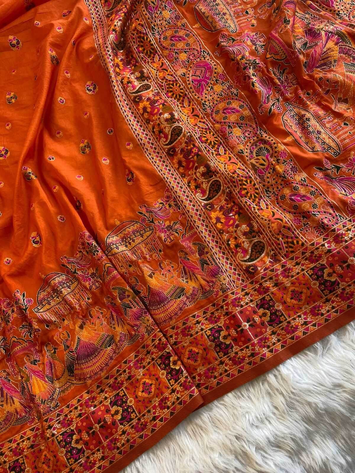 Stunning Orange Nylon Dola Pashmina Saree With Glowing Blouse Piece
