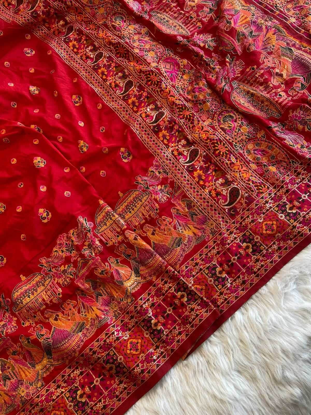 Gratifying Red Nylon Dola Pashmina Saree With Sizzling Blouse Piece