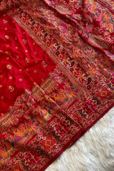 Gratifying Red Nylon Dola Pashmina Saree With Sizzling Blouse Piece