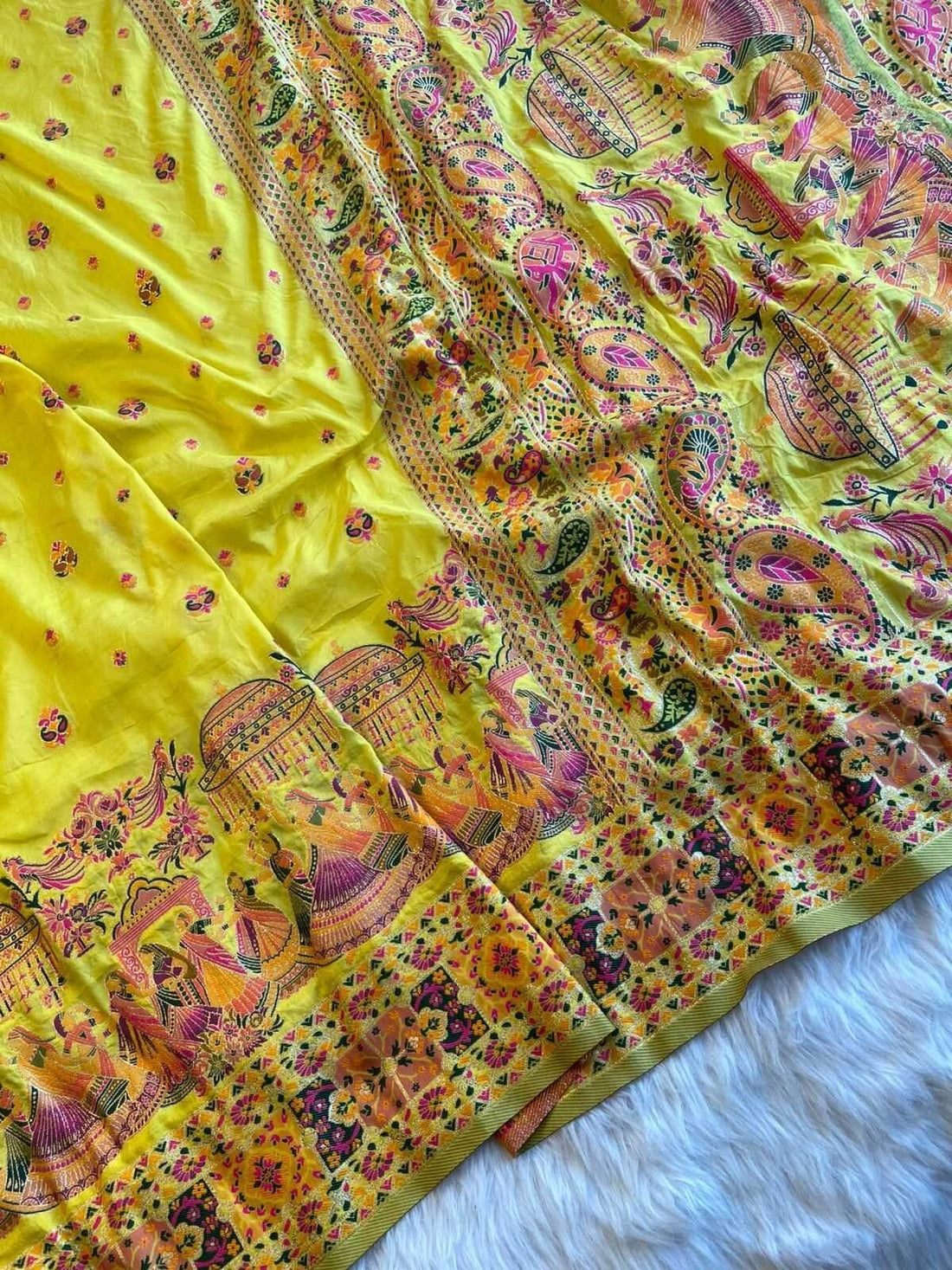 Dalliance Yellow Nylon Dola Pashmina Saree With Alluring Blouse Piece